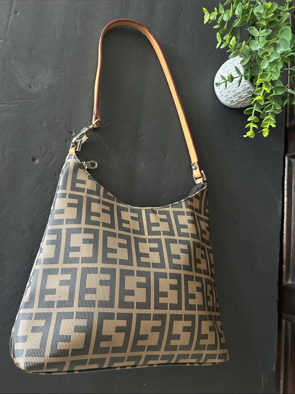 Brown Patterned Shoulder Bag with Leather Strap - Picture 6 of 7